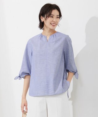 J.PRESS LADIES 【洗える・吸水】 BEZピンチェック キーネック ブラウス ネイビー系3