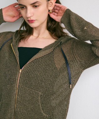 BEIGE， 【洗える】OPTICAL / ペーパーヤーンフーディージップニット Khaki