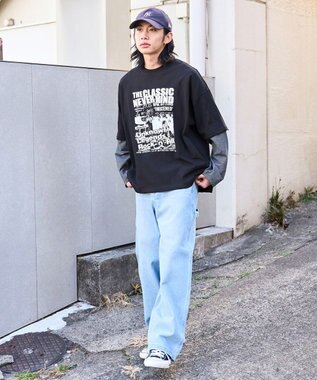 WEGO フェイクレイヤードグラフィックT（LS） グレーボーダー