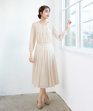 Tiaclasse L 【新色追加・洗える】シフォンギャザーワンピース ベージュ