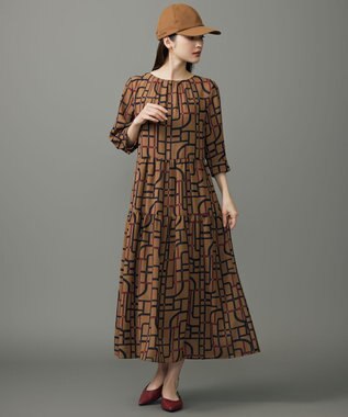 自由区 S ジオメトリックレトロプリント ワンピース ベージュベース