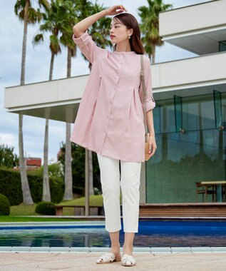 Tiaclasse L 【新色追加】バンドカラーシャツチュニックブラウス ピンク