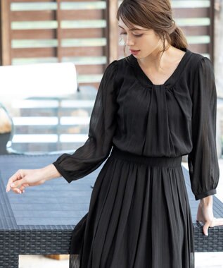 Tiaclasse L 【新色追加・洗える】シフォンギャザーワンピース ブラック