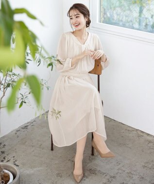 Tiaclasse L 【新色追加・洗える】シフォンギャザーワンピース ベージュ