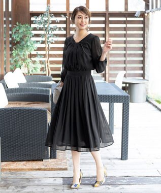 Tiaclasse L 【新色追加・洗える】シフォンギャザーワンピース ブラック