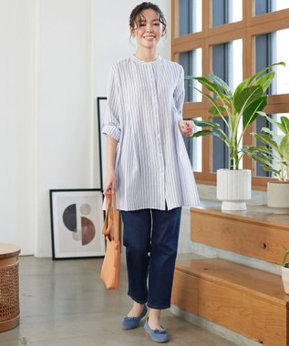 Tiaclasse L 【新色追加】バンドカラーシャツチュニックブラウス オフホワイトストライプ