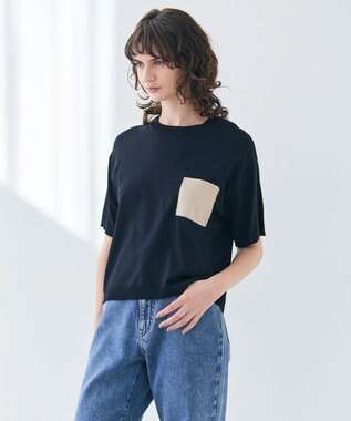 BEIGE， 【洗える】NADIA / レザーポケット付き半袖ニットTシャツ Navy