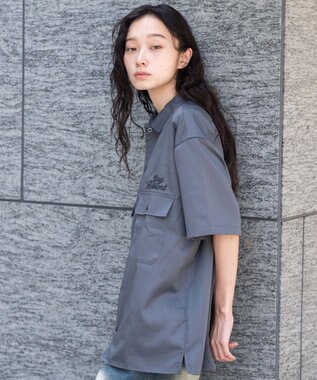 WEGO 【ユニセックス着用ITEM】刺繍ロゴツイルワークシャツ ブラック中濃色