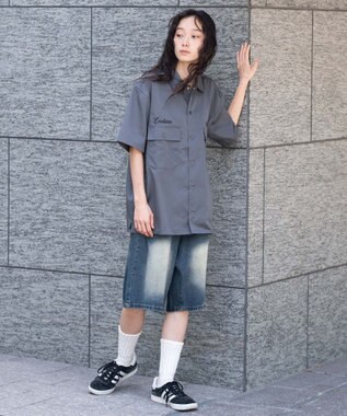 WEGO 【ユニセックス着用ITEM】刺繍ロゴツイルワークシャツ ブラック中濃色