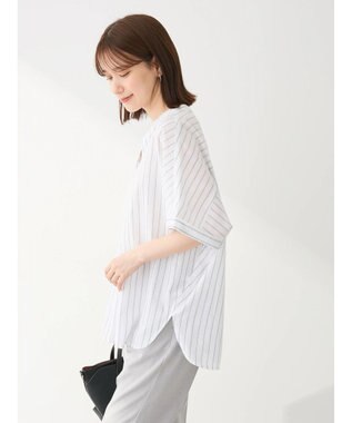 Green Parks 綿麻混フレンチスリーブスキッパーシャツ Stripe Ivory