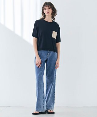 BEIGE， 【洗える】NADIA / レザーポケット付き半袖ニットTシャツ Navy