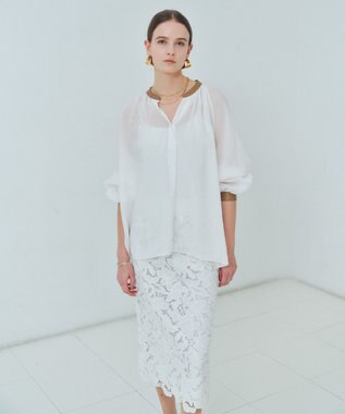 BEIGE， PAULINE / リネンヴィスコースフェイクレザー配色ブラウス White