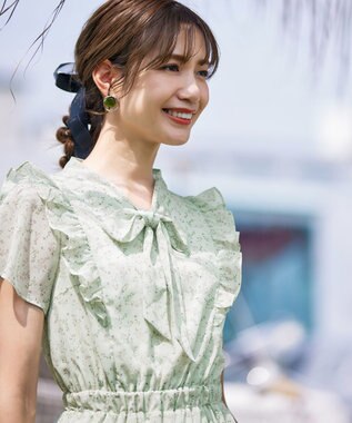 Tiaclasse 【洗える】花柄ボウタイフレアワンピース ミント