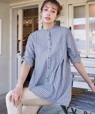 Tiaclasse L 【新色追加】バンドカラーシャツチュニックブラウス ネイビーストライプ