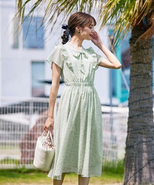 Tiaclasse 【洗える】花柄ボウタイフレアワンピース ミント