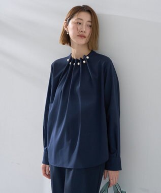 YECCA VECCA パールタックブラウス Navy