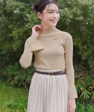 Tiaclasse 【洗える】スパンコールハイネックリブニットトップス ベージュ