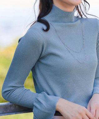 Tiaclasse 【洗える】スパンコールハイネックリブニットトップス ブルー