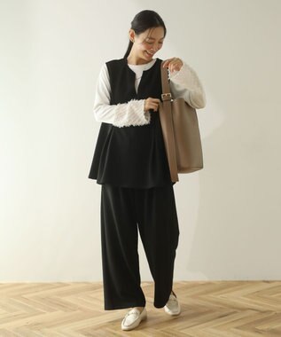 Green Parks 楽ちんリップルワイドパンツ Black