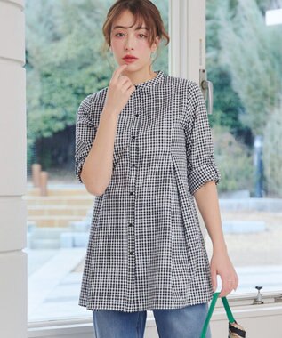 Tiaclasse L 【新色追加】バンドカラーシャツチュニックブラウス ブラックチェック