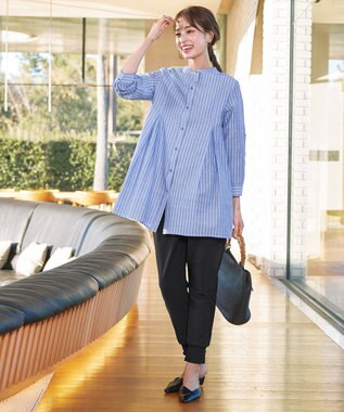 Tiaclasse L 【新色追加】バンドカラーシャツチュニックブラウス サックスストライプ