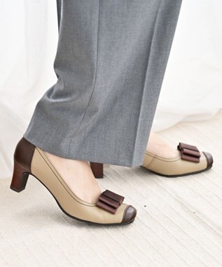 Pointer 日本製 リボンラウンドトゥパンプス グレージュ×ブラウン