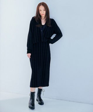 ICB L 【洗える】ハウンドトゥースパターン Vネックカーディガン ネイビー系