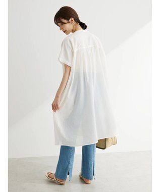 Green Parks インド綿 　ギャザー５分袖チュニック Off White