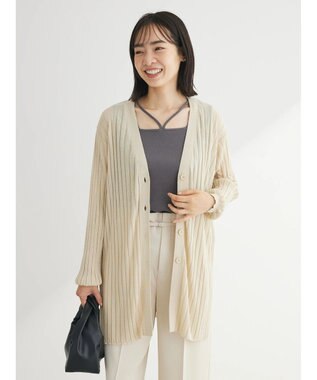 Green Parks 推しニット　リブ編みミドル丈カーディガン Gray Beige