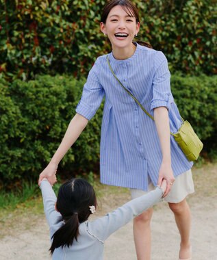 Tiaclasse L 【新色追加】バンドカラーシャツチュニックブラウス サックスストライプ