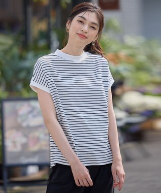 ANY L 【大好評につき新色登場！】モックネックフレンチスリーブ ボーダーＴシャツ ホワイト×ブラック