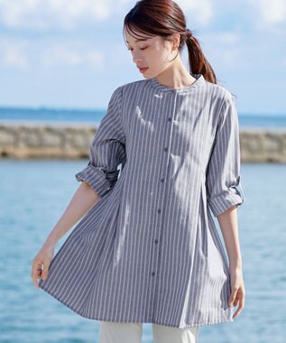 Tiaclasse L 【新色追加】バンドカラーシャツチュニックブラウス ネイビーストライプ