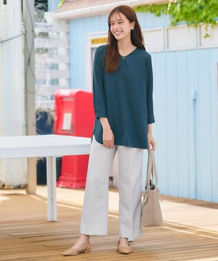 Tiaclasse L 【洗える】ラウンドスリットチュニック ターコイズ