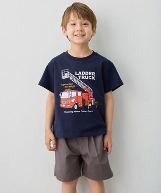 ANY KIDS 【洗濯機可能】はたらく車プリント 半袖Tシャツ ネイビー