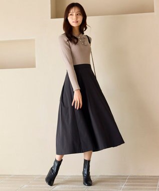 Feroux 襟付きドッキング ワンピース ブラック×ベージュ系