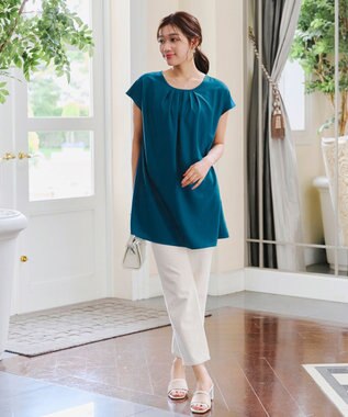 Tiaclasse 【洗える】フレアフレンチチュニックブラウス ターコイズ