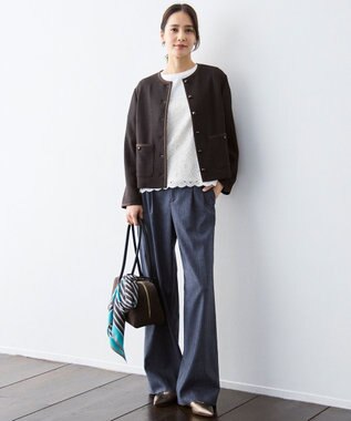 自由区 【セットアップ対応・楽チンキレイ見え】ソフトリネンダンガリーワイド パンツ ネイビー