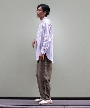 KASHIYAMA GIZA 100/2 バンドカラーシャツ ネイビーレールストライプ