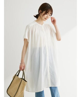 Green Parks インド綿 　ギャザー５分袖チュニック Off White