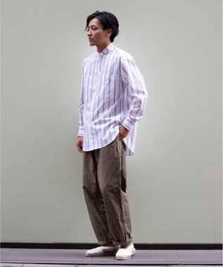 KASHIYAMA GIZA 100/2 バンドカラーシャツ ネイビーレールストライプ