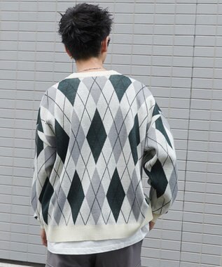 WEGO リラックスフィットパターンカーディガン グリーンチェック1