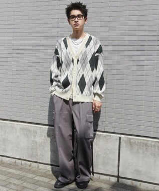 WEGO リラックスフィットパターンカーディガン グリーンチェック1