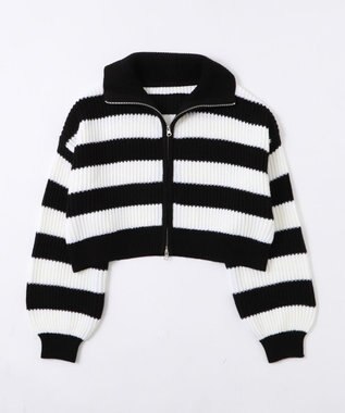 WEGO ダブルジップショートニットブルゾン ブラックボーダー