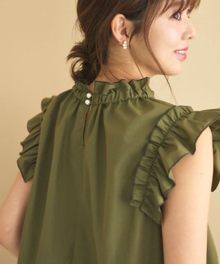 Feroux 【洗える】スタンドカラーフリルスリーブ ブラウス カーキ系