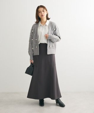 Green Parks パール付ケーブルニットカーディガン Gray Mixture