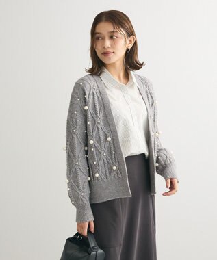 Green Parks パール付ケーブルニットカーディガン Gray Mixture