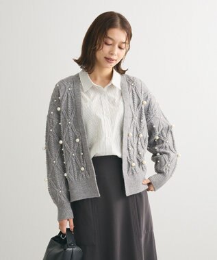 Green Parks パール付ケーブルニットカーディガン Gray Mixture