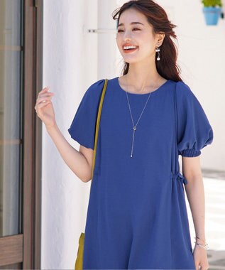 Tiaclasse 【洗える】バルーンスリーブサイドギャザーワンピース ブルー