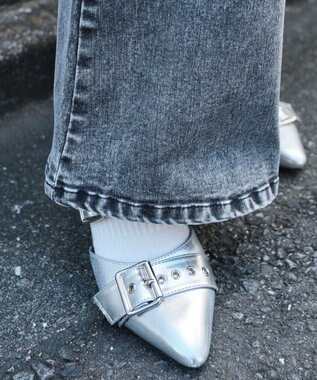 WEGO カットアウトリボンストレッチデニムフレアパンツ デニムブラックソノタ