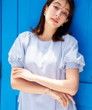 Tiaclasse 【洗える】バルーンスリーブサイドギャザーワンピース ブルーストライプ